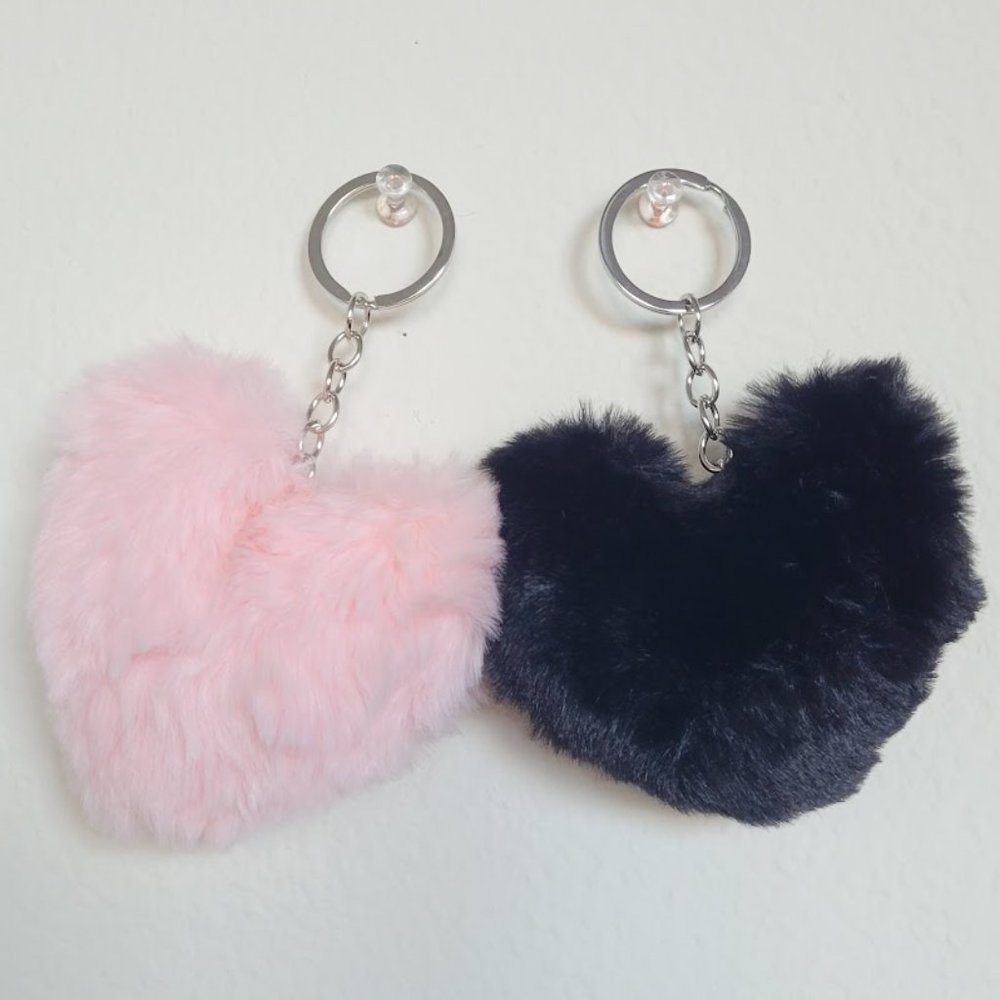 2- Keychain Accessory Pom Pom Heart Shape Pink and Black